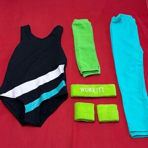 WORK OUT GIRL Outfit Black and Blue Leotard with Green Accessories size M